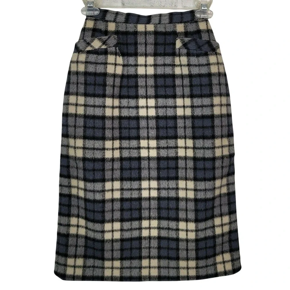 Vintage 50s 60s Wool Plaid Pencil Skirt Hi Waist Lined Winter Mod Preppy Classic